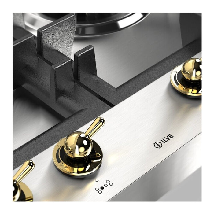 ILVE UHCPT125N Nostalgie II 48 inch Built-In Gas Cooktop with Total Black Brass Burners, in Stainless Steel