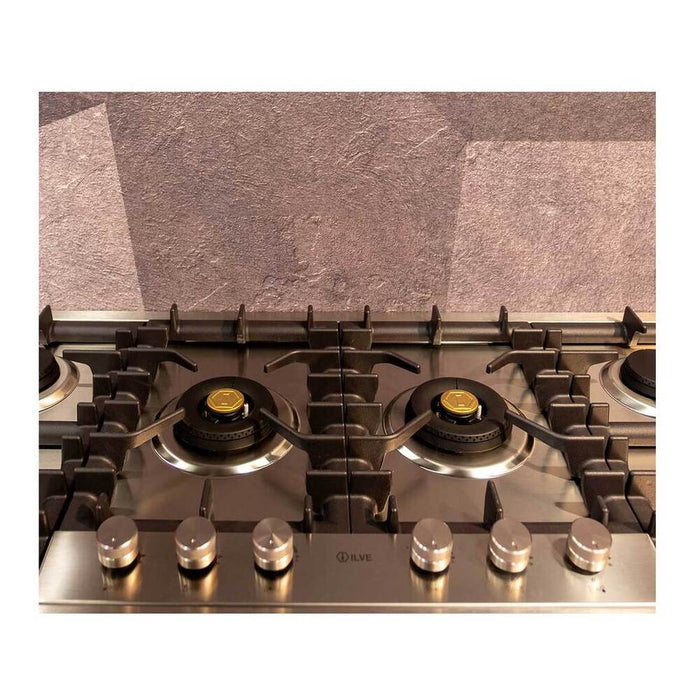 ILVE UHCPT125 Professional Plus II 48 inch Built-In Gas Cooktop with Total Black Brass Burners, in Stainless Steel