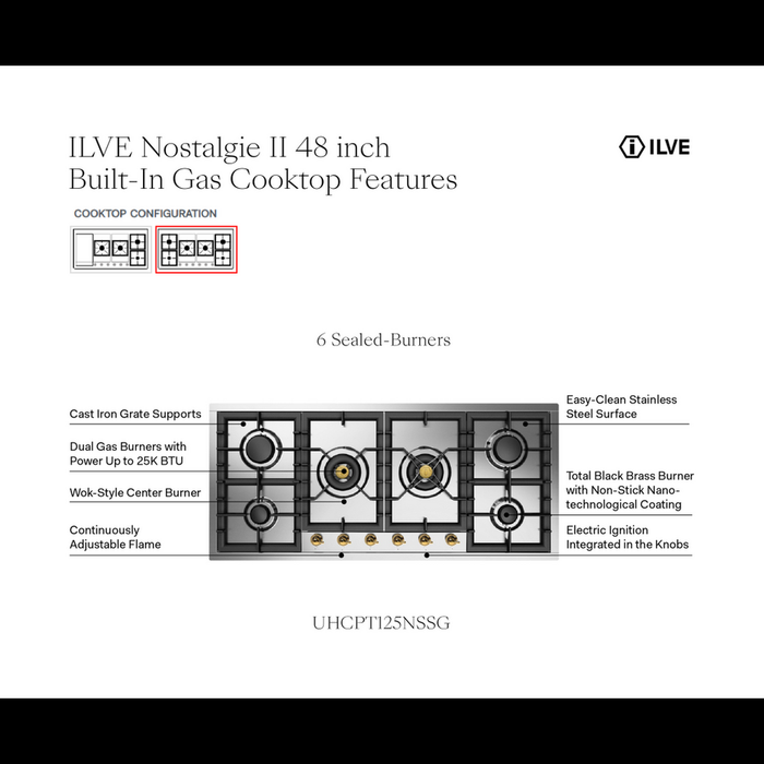 ILVE UHCPT125N Nostalgie II 48 inch Built-In Gas Cooktop with Total Black Brass Burners, in Stainless Steel