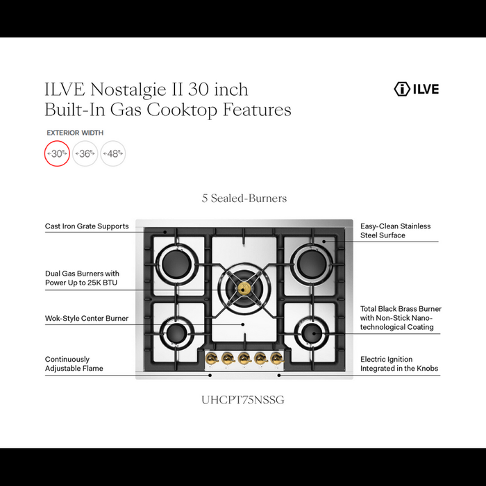ILVE UHCPT75N Nostalgie II 30 inch Built-In Gas Cooktop with 5 Burners, in Stainless Steel