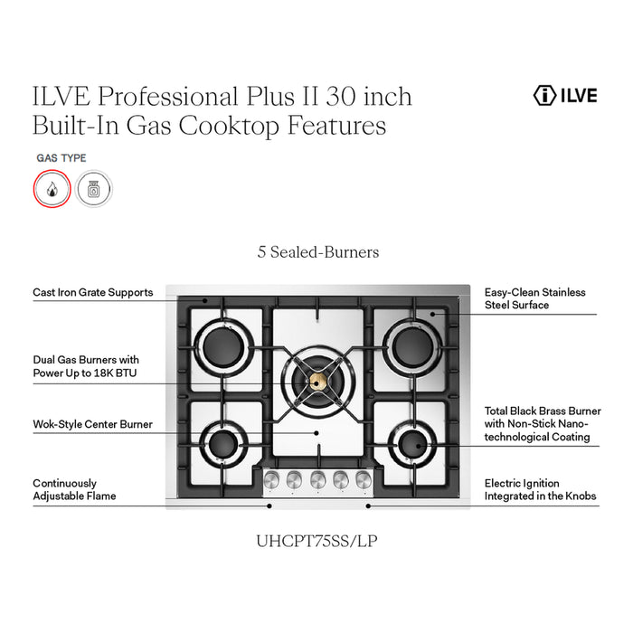 ILVE UHCPT75 Professional Plus II 30 inch Built-In Gas Cooktop with 5 Burners, in Stainless Steel