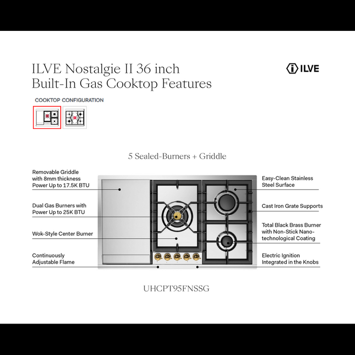 ILVE UHCPT95N Nostalgie II 36 inch Built-In Gas Cooktop with Total Black Brass Burners, in Stainless Steel