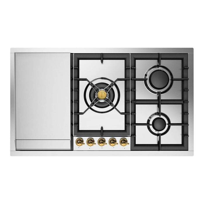 ILVE UHCPT95N Nostalgie II 36 inch Built-In Gas Cooktop with Total Black Brass Burners, in Stainless Steel
