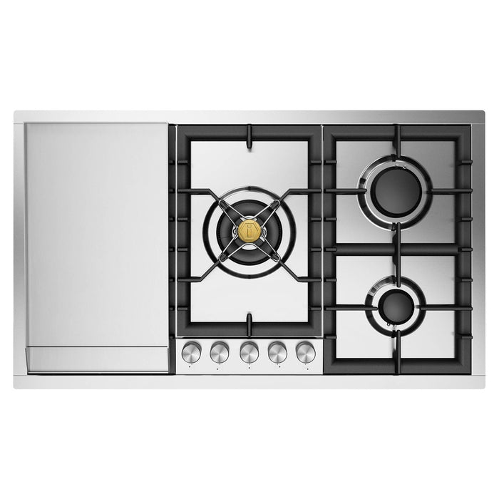 ILVE UHCPT95 Professional Plus II 36 inch Built-In Gas Cooktop with Total Black Brass Burners, in Stainless Steel (With Griddle)