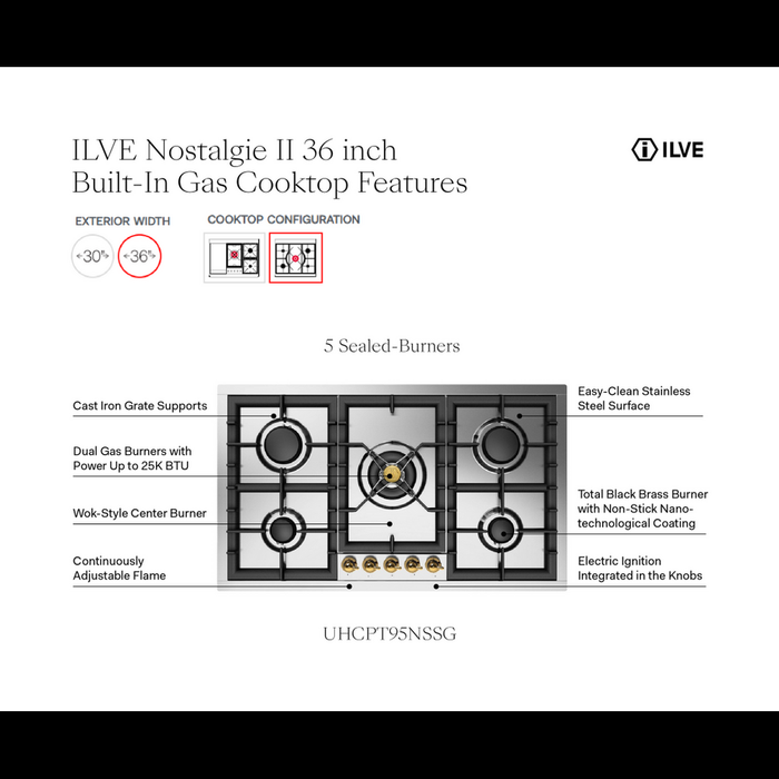 ILVE UHCPT95N Nostalgie II 36 inch Built-In Gas Cooktop with Total Black Brass Burners, in Stainless Steel