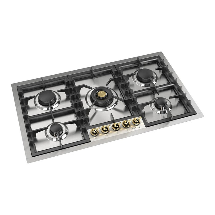 ILVE UHCPT95N Nostalgie II 36 inch Built-In Gas Cooktop with Total Black Brass Burners, in Stainless Steel