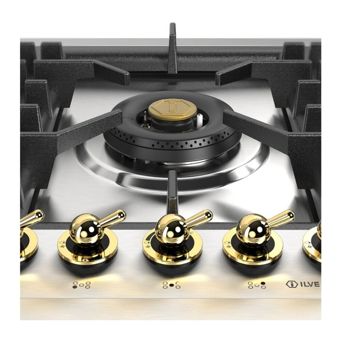 ILVE UHCPT95N Nostalgie II 36 inch Built-In Gas Cooktop with Total Black Brass Burners, in Stainless Steel