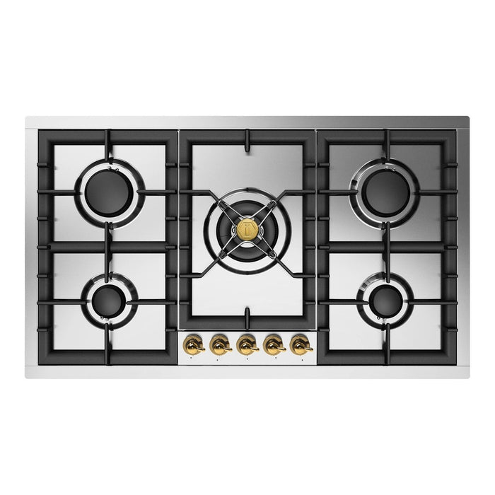 ILVE UHCPT95N Nostalgie II 36 inch Built-In Gas Cooktop with Total Black Brass Burners, in Stainless Steel