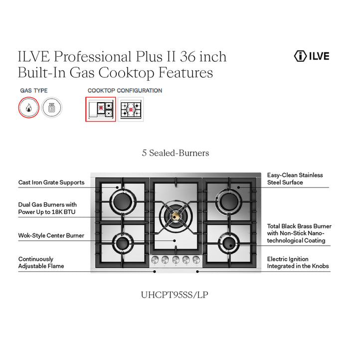 ILVE UHCPT95 Professional Plus II 36 inch Built-In Gas Cooktop with Total Black Brass Burners, in Stainless Steel