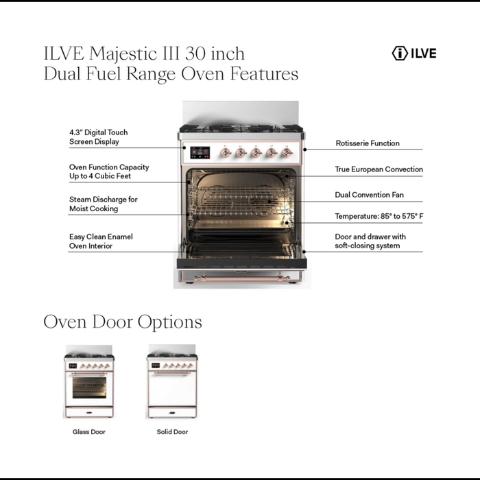 ILVE UM30N Majestic III 30 inch Dual Fuel Range with 5 Black Brass Burners (UM30NR3)