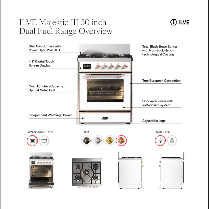 ILVE UM30N Majestic III 30 inch Dual Fuel Range with 5 Black Brass Burners (UM30NR3)