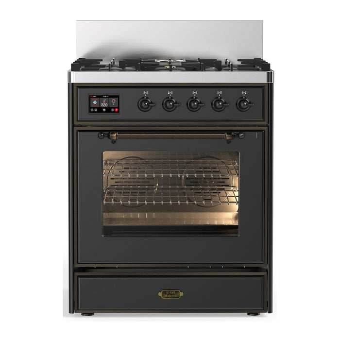 ILVE UM30N Majestic III 30 inch Dual Fuel Range with 5 Black Brass Burners (UM30NR3)