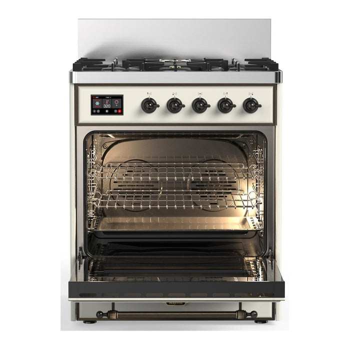 ILVE UM30N Majestic III 30 inch Dual Fuel Range with 5 Black Brass Burners (UM30QNR3)