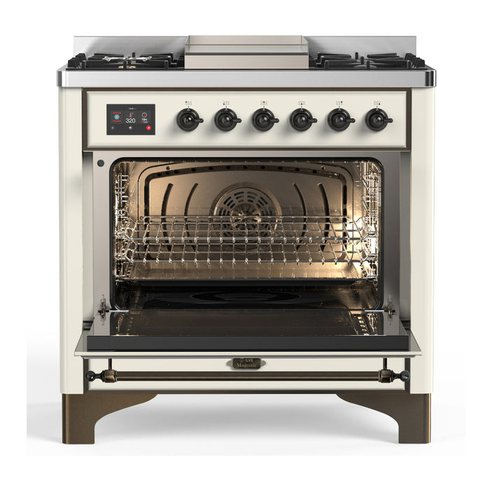ILVE UM36F Majestic III 36 inch Dual Fuel Range with 6 Black Brass Burners, Griddle (UM36FNR3)