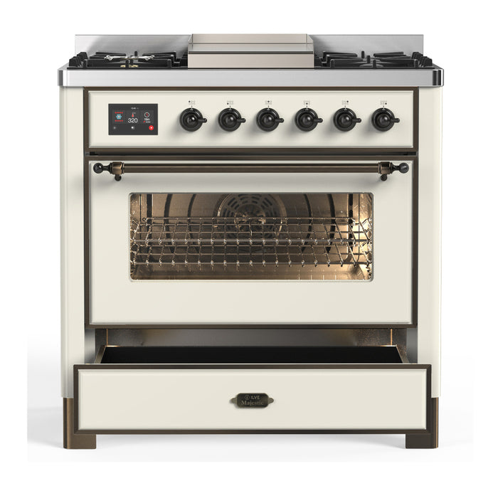 ILVE UM36F Majestic III 36 inch Dual Fuel Range with 6 Black Brass Burners, Griddle (UM36FNR3)