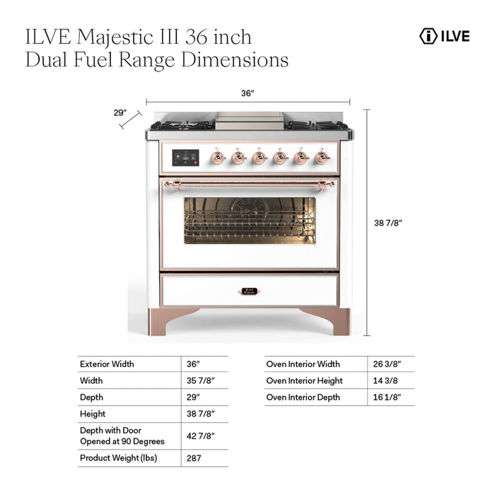 ILVE UM36F Majestic III 36 inch Dual Fuel Range with 6 Black Brass Burners, Griddle (UM36FNR3)