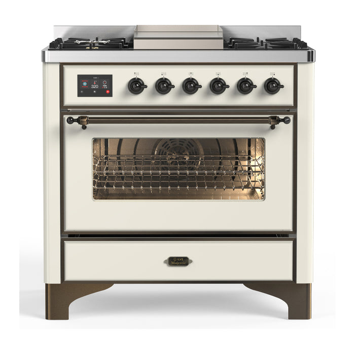 ILVE UM36F Majestic III 36 inch Dual Fuel Range with 6 Black Brass Burners, Griddle (UM36FNR3)