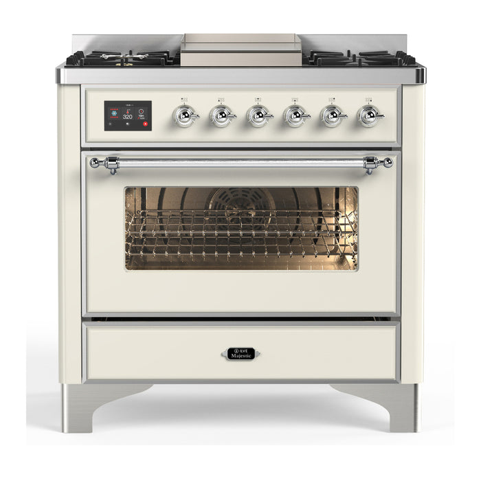 ILVE UM36F Majestic III 36 inch Dual Fuel Range with 6 Black Brass Burners, Griddle (UM36FNR3)