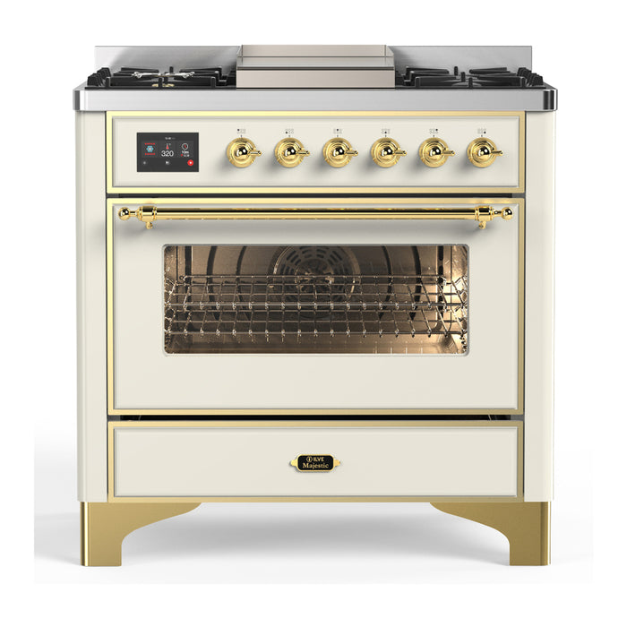 ILVE UM36F Majestic III 36 inch Dual Fuel Range with 6 Black Brass Burners, Griddle (UM36FNR3)