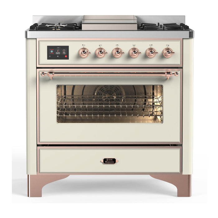 ILVE UM36F Majestic III 36 inch Dual Fuel Range with 6 Black Brass Burners, Griddle (UM36FNR3)