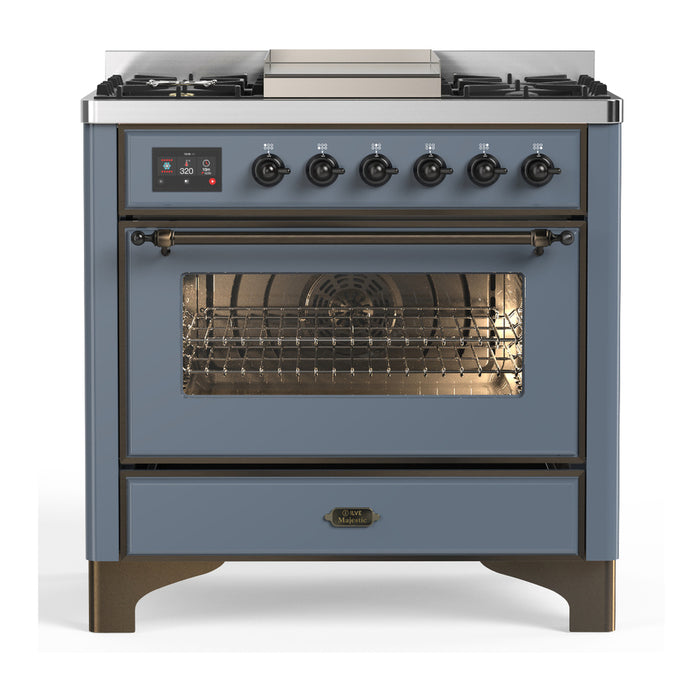 ILVE UM36F Majestic III 36 inch Dual Fuel Range with 6 Black Brass Burners, Griddle (UM36FNR3)