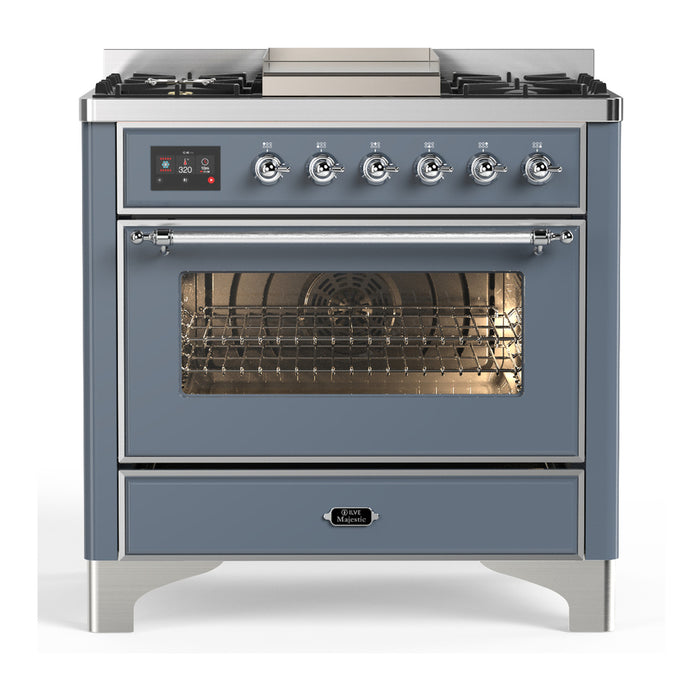 ILVE UM36F Majestic III 36 inch Dual Fuel Range with 6 Black Brass Burners, Griddle (UM36FNR3)
