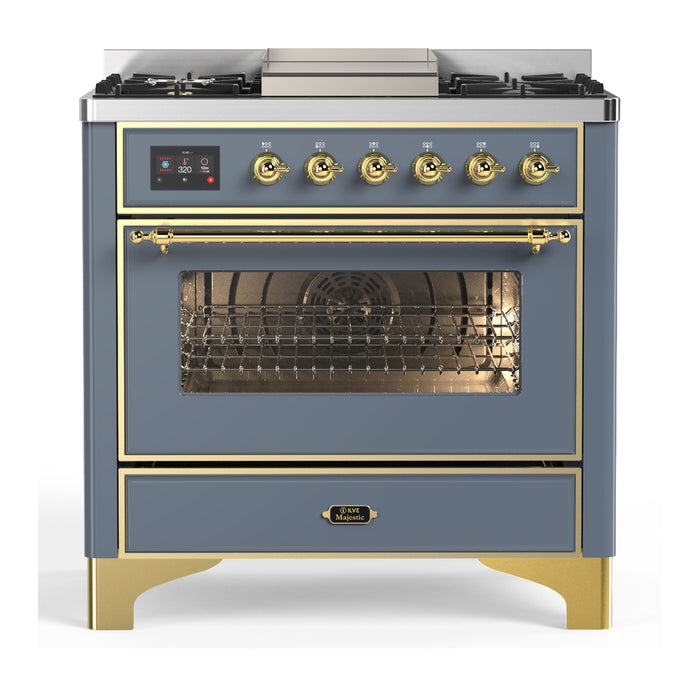 ILVE UM36F Majestic III 36 inch Dual Fuel Range with 6 Black Brass Burners, Griddle (UM36FNR3)