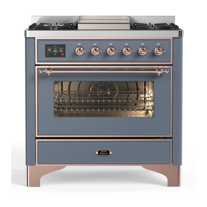 ILVE UM36F Majestic III 36 inch Dual Fuel Range with 6 Black Brass Burners, Griddle (UM36FNR3)