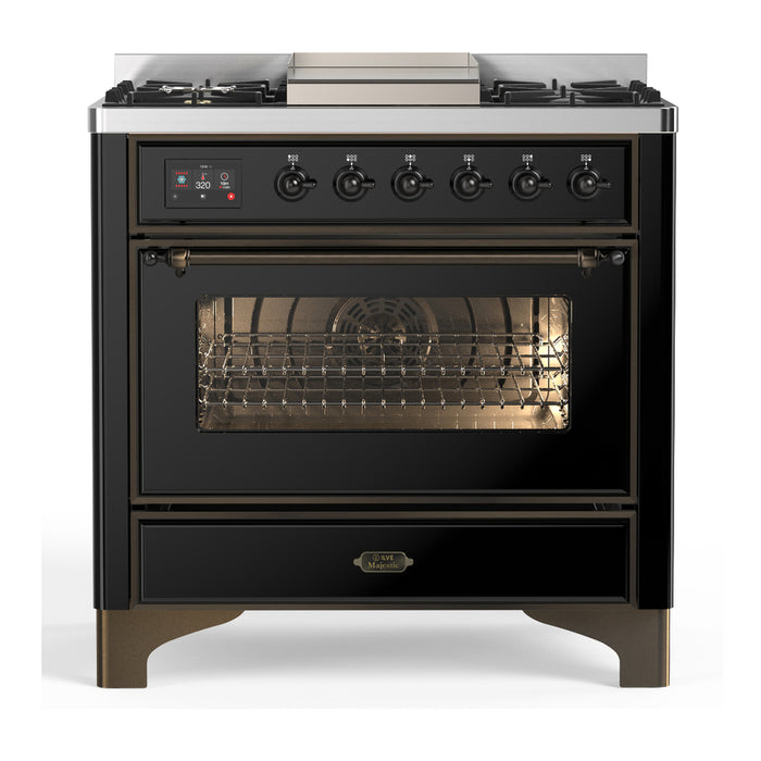 ILVE UM36F Majestic III 36 inch Dual Fuel Range with 6 Black Brass Burners, Griddle (UM36FNR3)