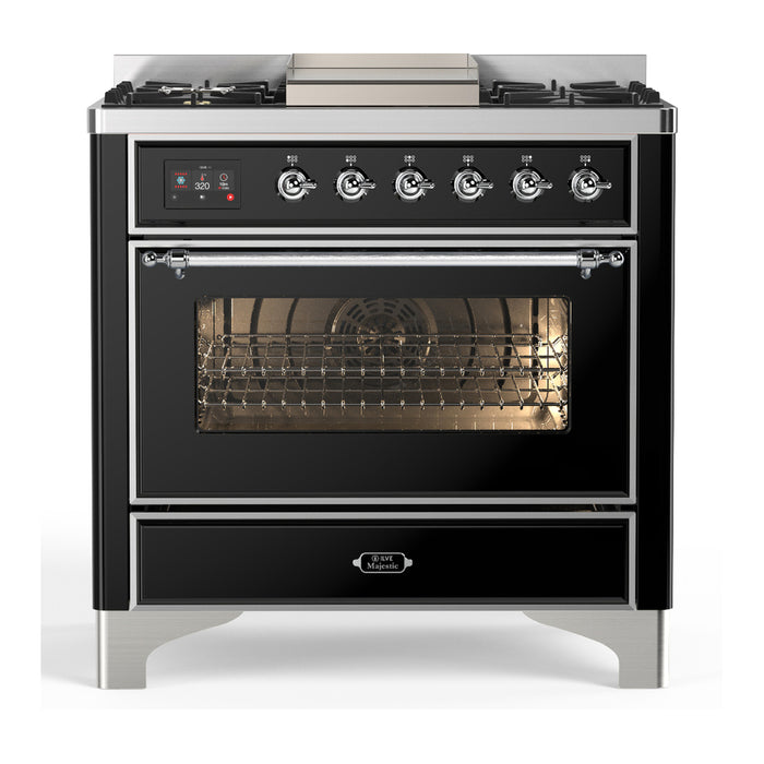 ILVE UM36F Majestic III 36 inch Dual Fuel Range with 6 Black Brass Burners, Griddle (UM36FNR3)