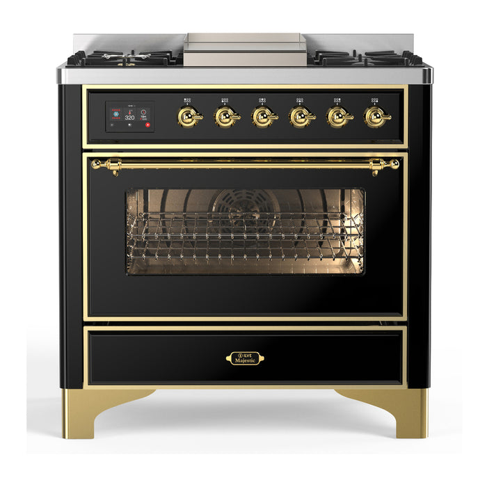 ILVE UM36F Majestic III 36 inch Dual Fuel Range with 6 Black Brass Burners, Griddle (UM36FNR3)