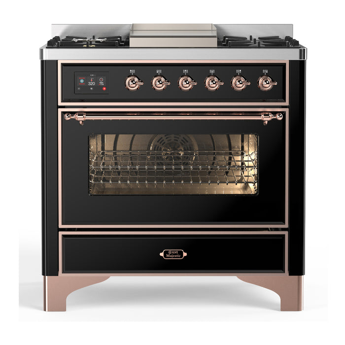 ILVE UM36F Majestic III 36 inch Dual Fuel Range with 6 Black Brass Burners, Griddle (UM36FNR3)