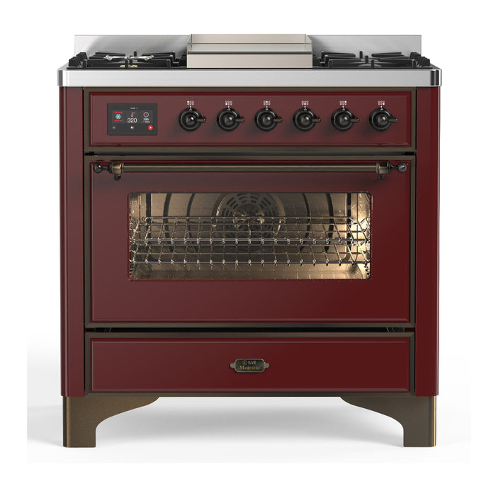 ILVE UM36F Majestic III 36 inch Dual Fuel Range with 6 Black Brass Burners, Griddle (UM36FNR3)