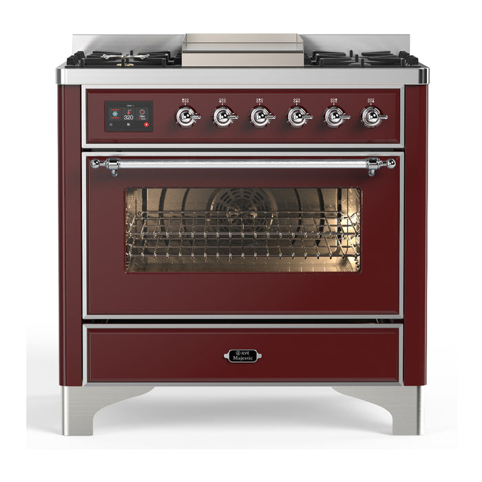 ILVE UM36F Majestic III 36 inch Dual Fuel Range with 6 Black Brass Burners, Griddle (UM36FNR3)