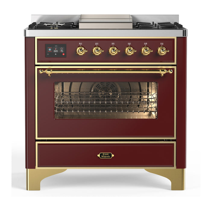 ILVE UM36F Majestic III 36 inch Dual Fuel Range with 6 Black Brass Burners, Griddle (UM36FNR3)