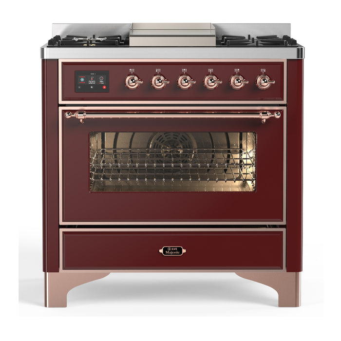 ILVE UM36F Majestic III 36 inch Dual Fuel Range with 6 Black Brass Burners, Griddle (UM36FNR3)
