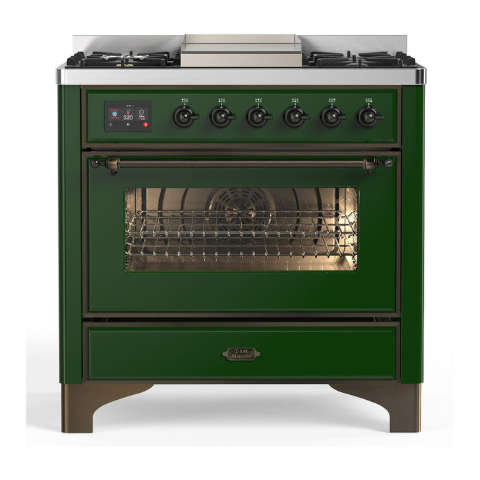 ILVE UM36F Majestic III 36 inch Dual Fuel Range with 6 Black Brass Burners, Griddle (UM36FNR3)
