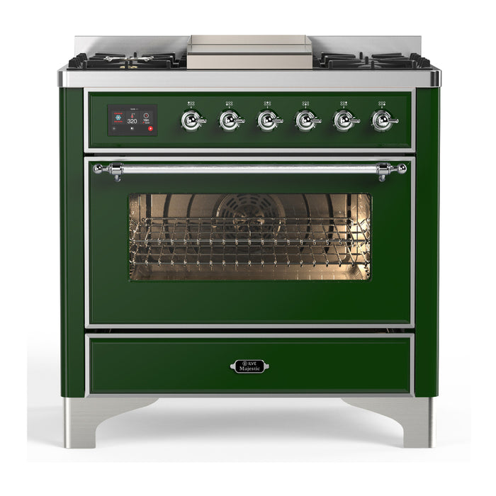ILVE UM36F Majestic III 36 inch Dual Fuel Range with 6 Black Brass Burners, Griddle (UM36FNR3)