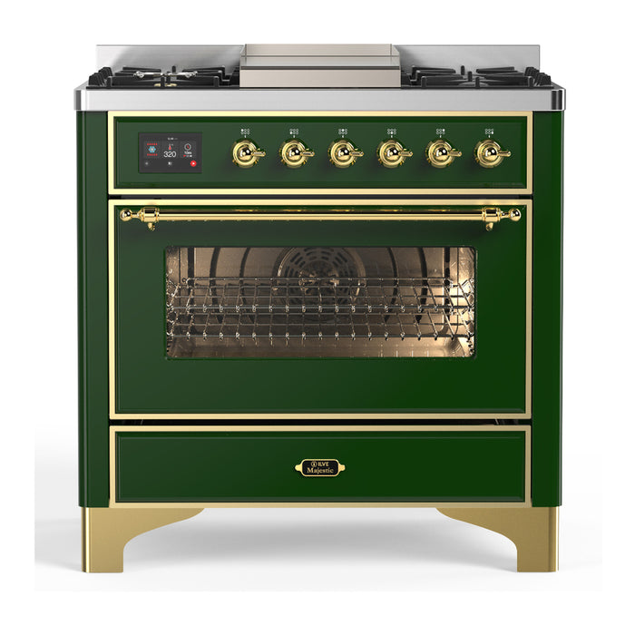 ILVE UM36F Majestic III 36 inch Dual Fuel Range with 6 Black Brass Burners, Griddle (UM36FNR3)