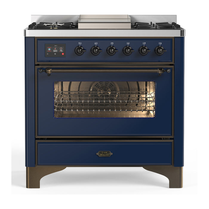 ILVE UM36F Majestic III 36 inch Dual Fuel Range with 6 Black Brass Burners, Griddle (UM36FNR3)