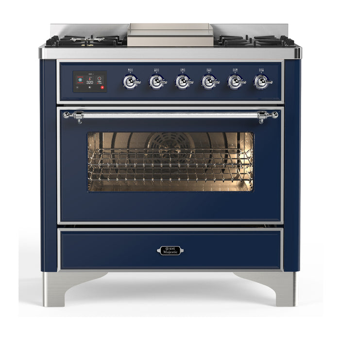 ILVE UM36F Majestic III 36 inch Dual Fuel Range with 6 Black Brass Burners, Griddle (UM36FNR3)