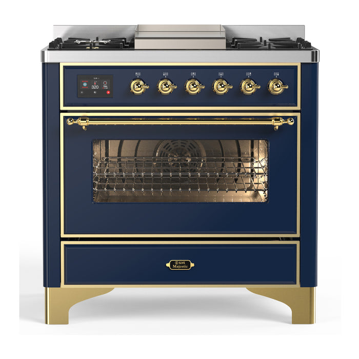 ILVE UM36F Majestic III 36 inch Dual Fuel Range with 6 Black Brass Burners, Griddle (UM36FNR3)