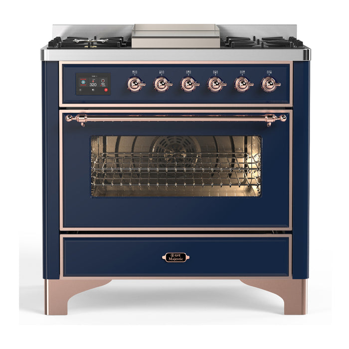 ILVE UM36F Majestic III 36 inch Dual Fuel Range with 6 Black Brass Burners, Griddle (UM36FNR3)