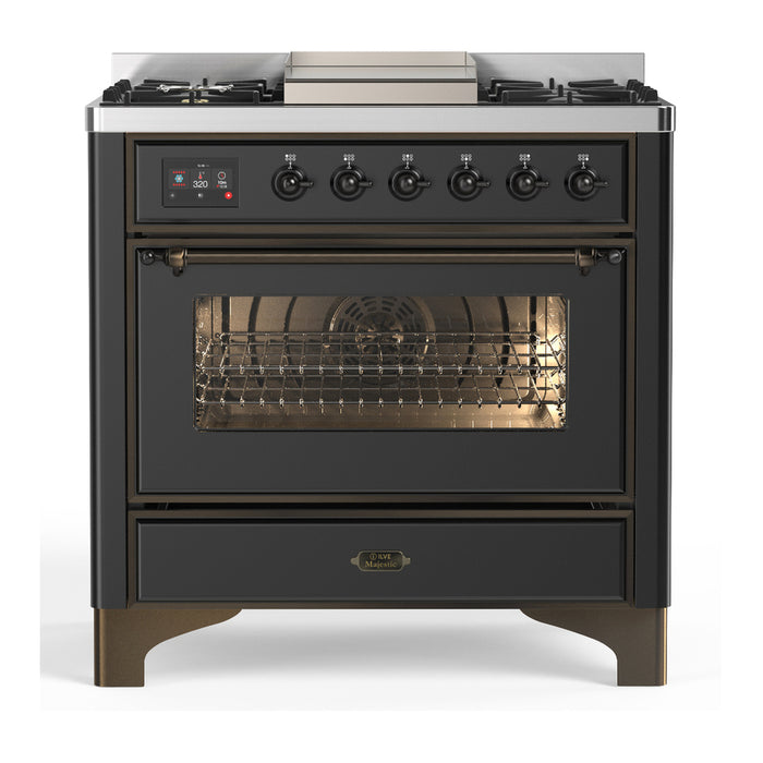 ILVE UM36F Majestic III 36 inch Dual Fuel Range with 6 Black Brass Burners, Griddle (UM36FNR3)