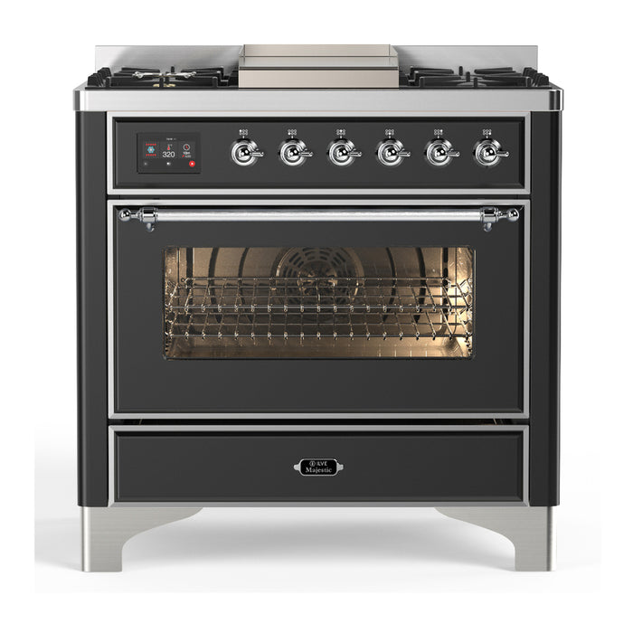 ILVE UM36F Majestic III 36 inch Dual Fuel Range with 6 Black Brass Burners, Griddle (UM36FNR3)