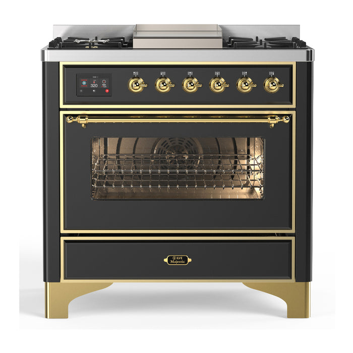 ILVE UM36F Majestic III 36 inch Dual Fuel Range with 6 Black Brass Burners, Griddle (UM36FNR3)