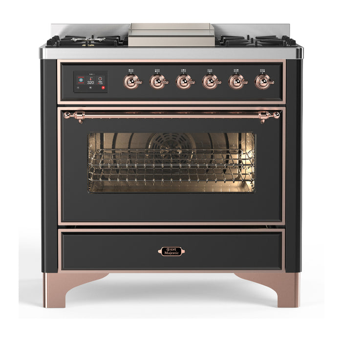 ILVE UM36F Majestic III 36 inch Dual Fuel Range with 6 Black Brass Burners, Griddle (UM36FNR3)