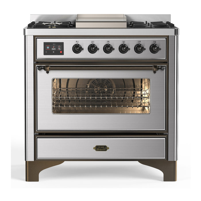 ILVE UM36F Majestic III 36 inch Dual Fuel Range with 6 Black Brass Burners, Griddle (UM36FNR3)