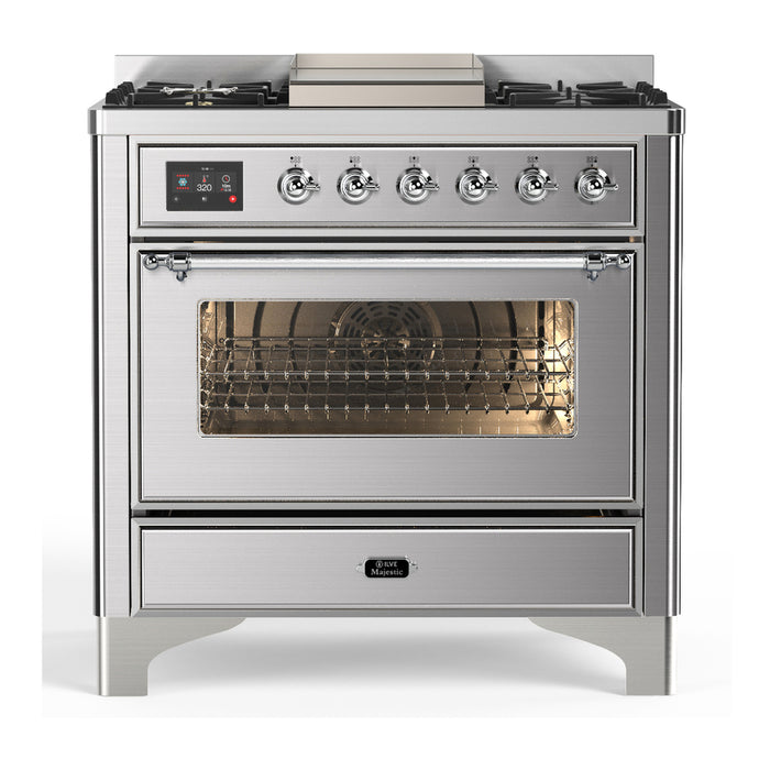 ILVE UM36F Majestic III 36 inch Dual Fuel Range with 6 Black Brass Burners, Griddle (UM36FNR3)