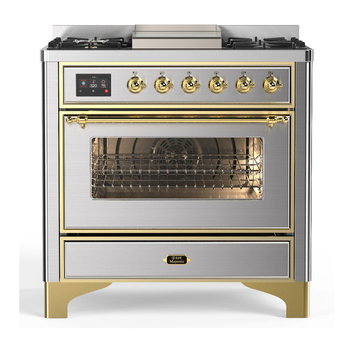 ILVE UM36F Majestic III 36 inch Dual Fuel Range with 6 Black Brass Burners, Griddle (UM36FNR3)